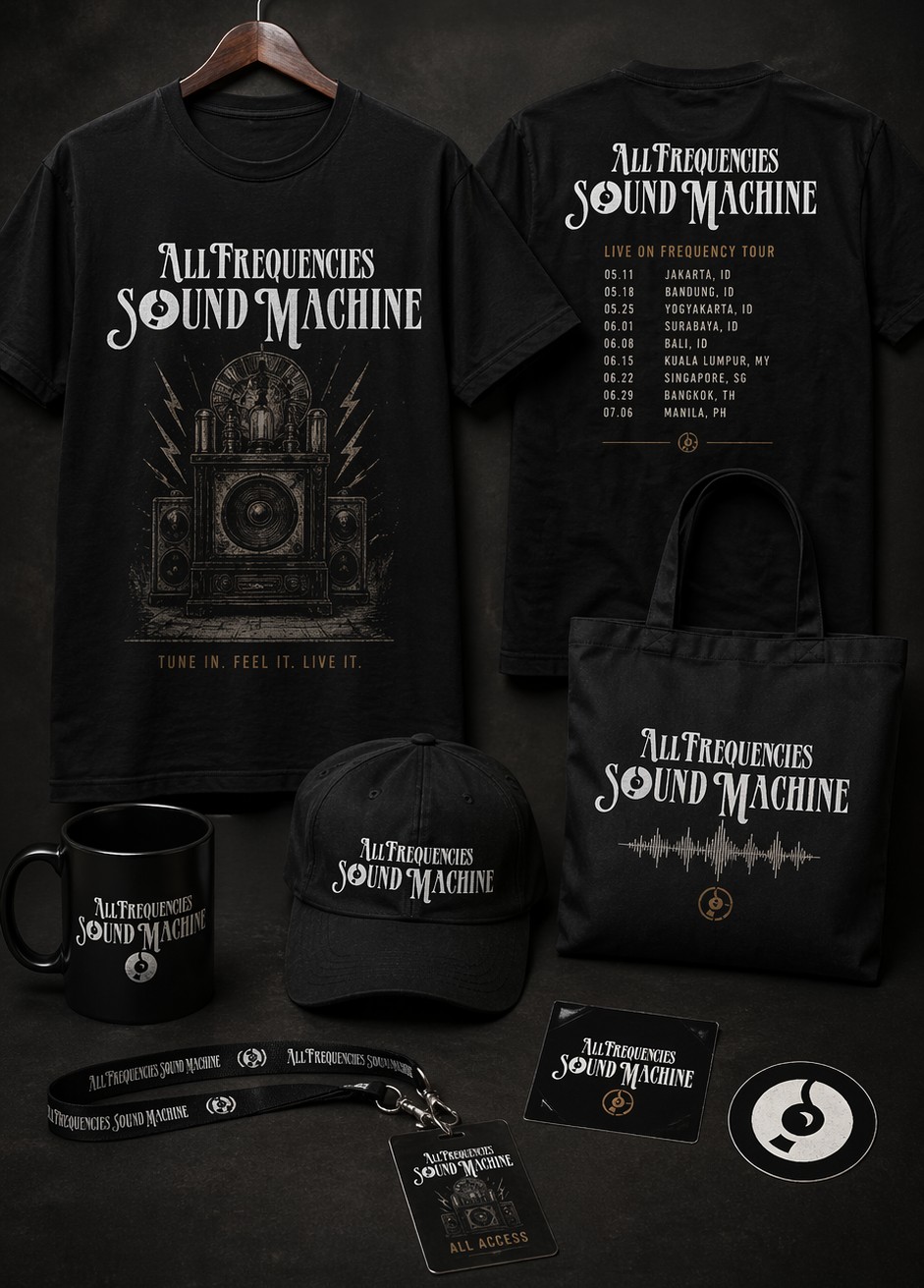 AFSM merchandise collection: t-shirts, tote bag, cap, mug, lanyard and stickers