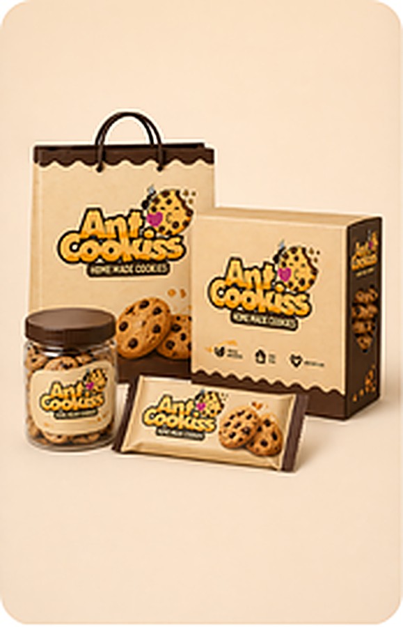 Ant Cookiss packaging: paper bag, box, jar and pouch